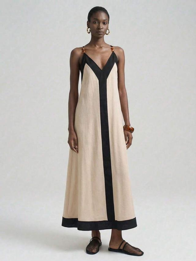 colorblock linen backless maxi dress in black and beige
