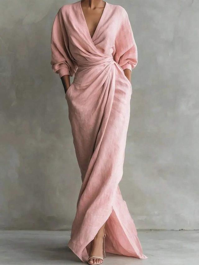 light pink wrap midi dress with draped waist