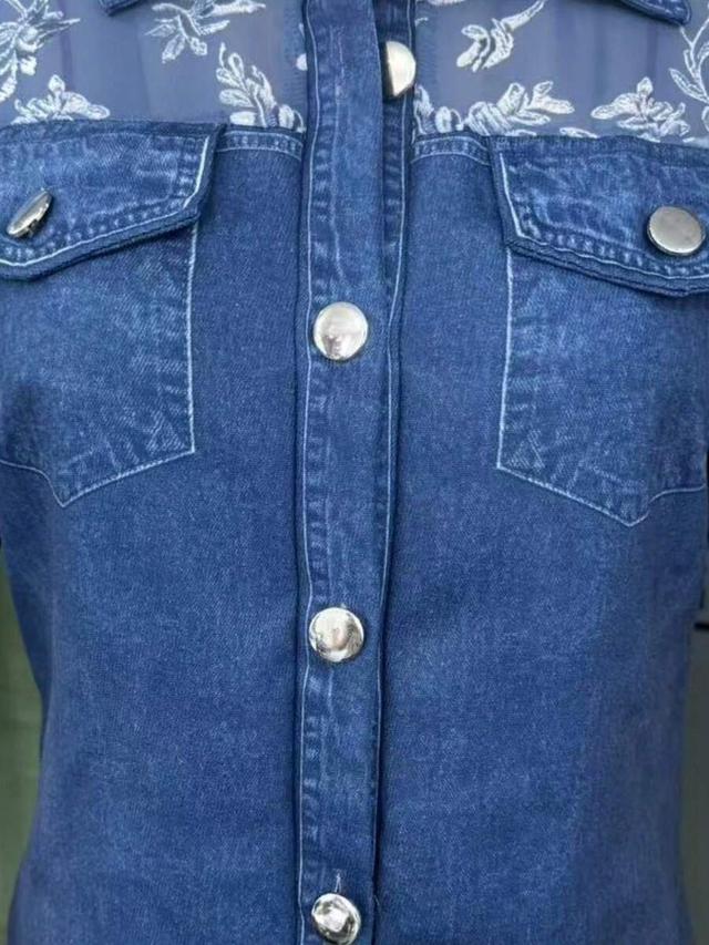 blue shirt with embroidered mesh yoke and sleeves