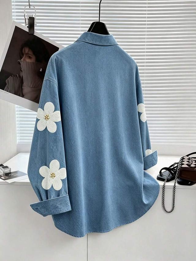 resyla 3d faux pearl decor floral print denim blouse