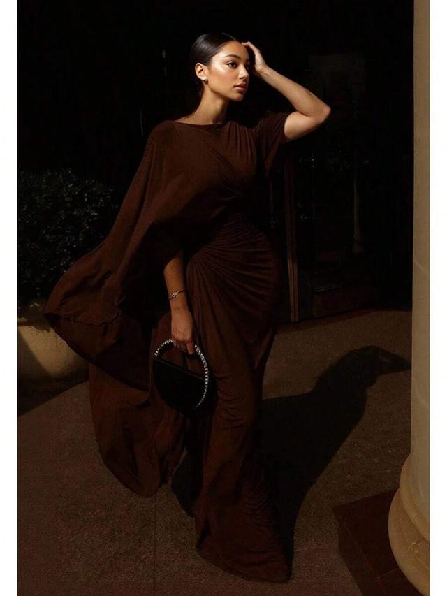 brown draped cape sleeve evening gown