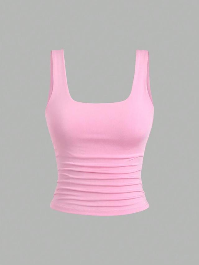pink ruched square neck tank top