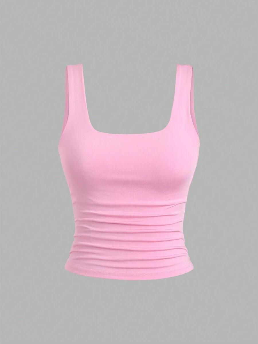 pink ruched square neck tank top