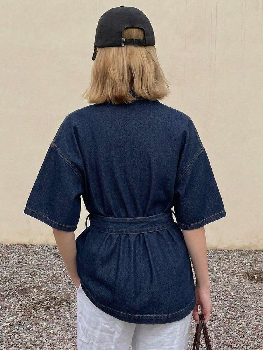 navy blue cotton denim tie-front wrap blouse