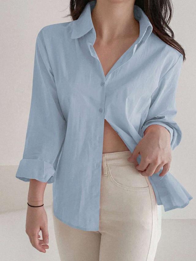 dazy women's long sleeve blue single-breasted casual loose shirt