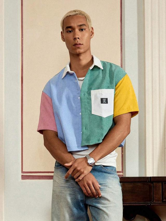 yellow colorblock corduroy cropped casual shirt
