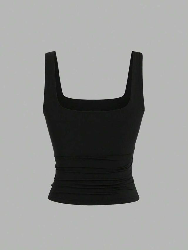 black casual versatile square neck ruched tank top