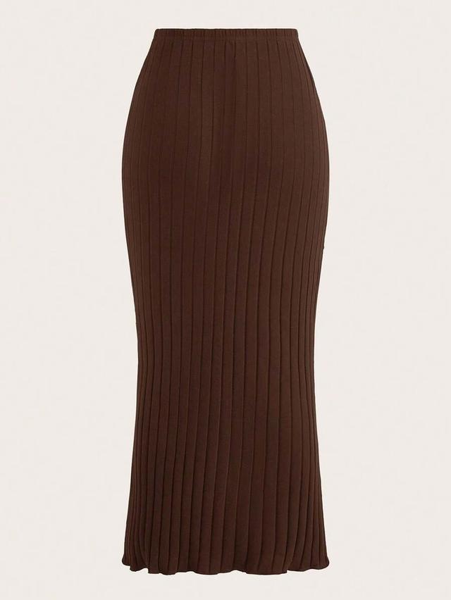 brown ribbed knit mermaid hem skirt