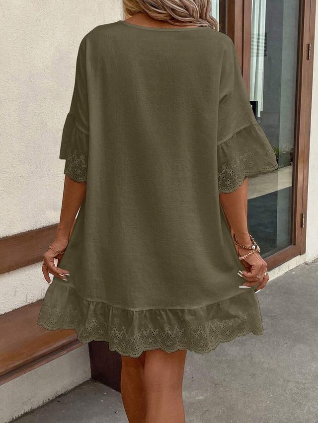 olive green cotton lace trim ruffle hem dress