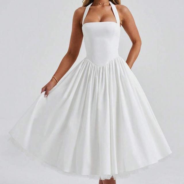 white halter neck fit and flare midi dress