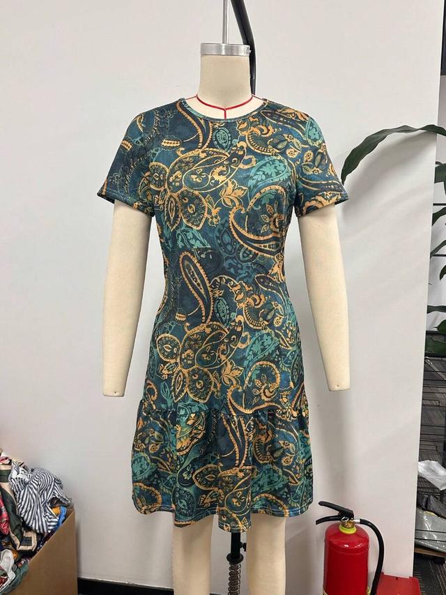 dark green and gold paisley print short sleeve dress