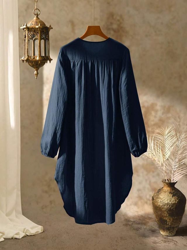 navy blue cotton pleated casual daily dress