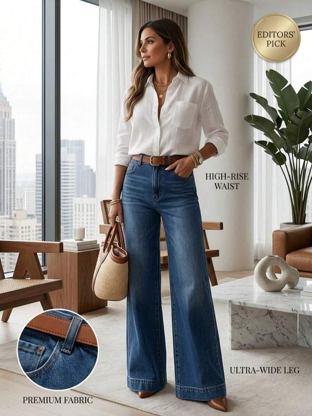 blue high-waisted wide-leg medium wash denim jeans