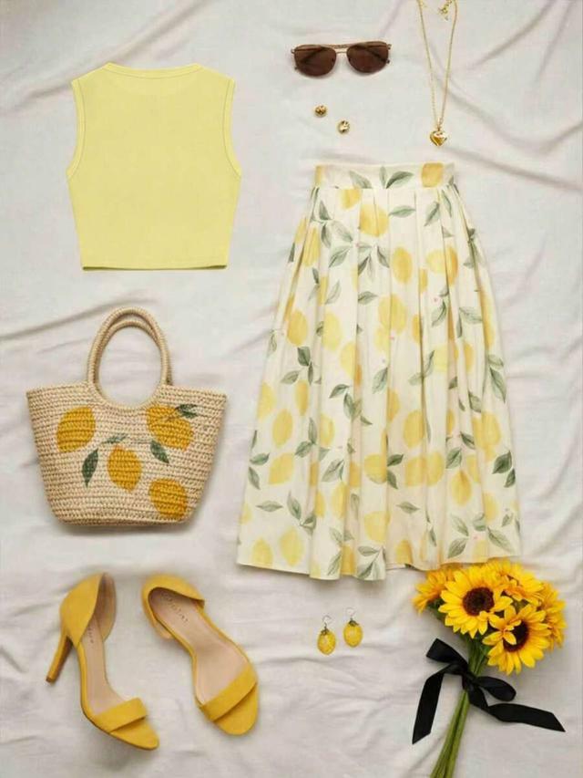 lemon print knit vest and skirt set