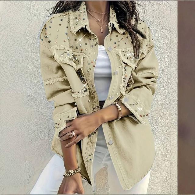 beige rhinestone and pearl embellished frayed denim jacket