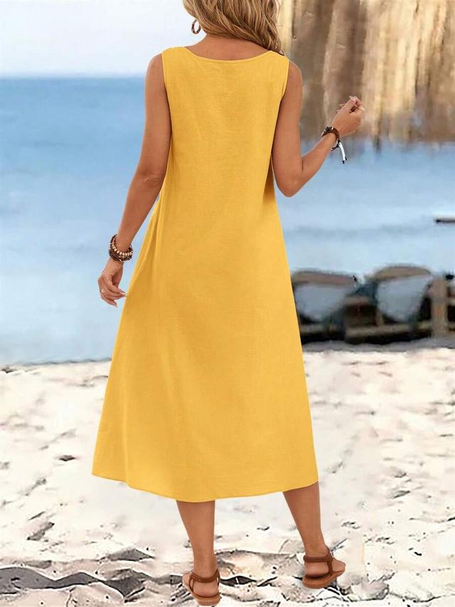 mustard yellow cotton v-neck sleeveless ring buckle sundress