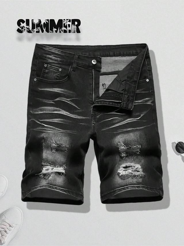 black men's distressed black stretch denim shorts