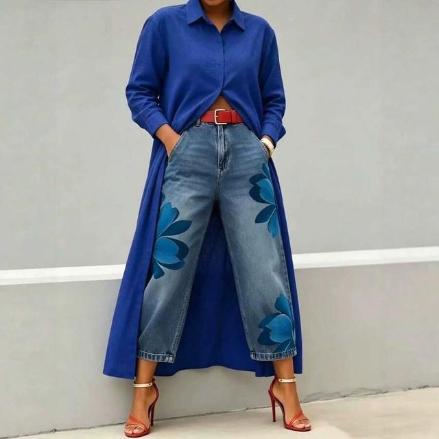 royal blue vintage floral print loose baggy cropped denim jeans