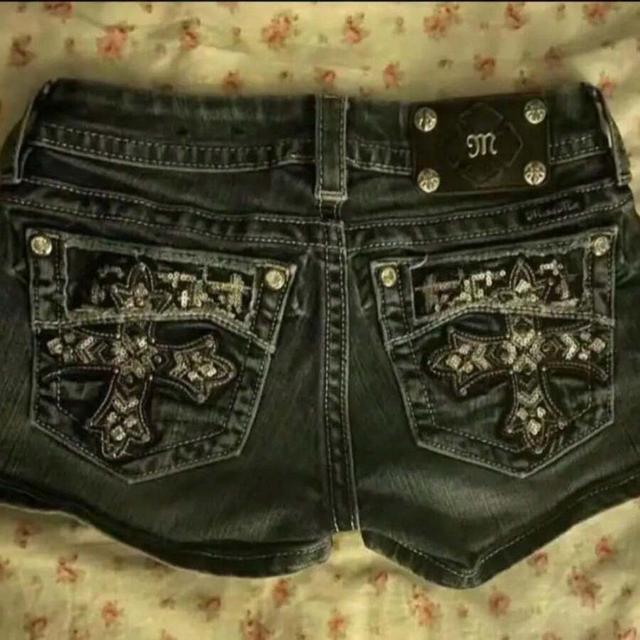 dark grey embellished dark wash denim shorts with cross detail