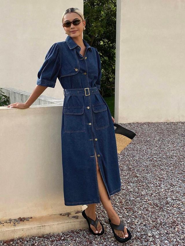 collared short sleeve cinched waist denim midi dress