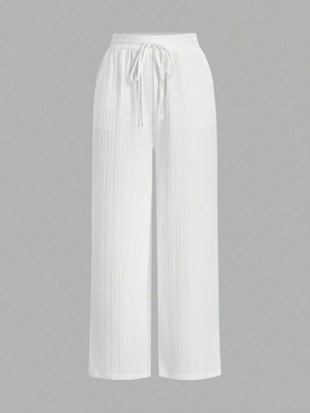 white waist-tie wide leg loose casual pants