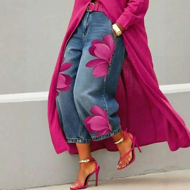 pink high waist floral print straight leg cropped denim jeans
