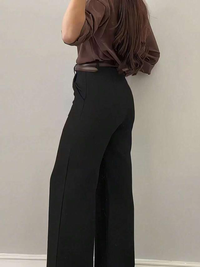 brown elegant women's black straight leg trousers