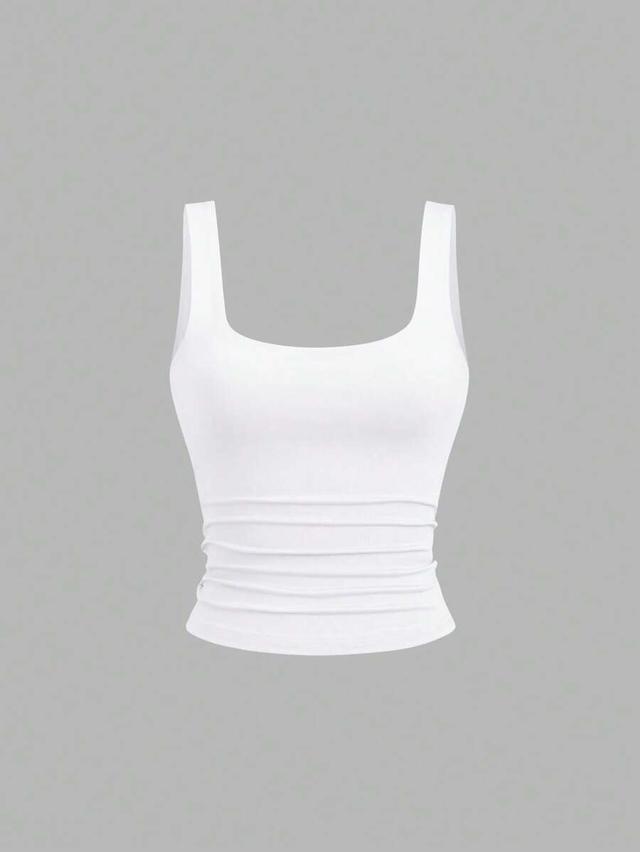 white casual square neck pleated cami top