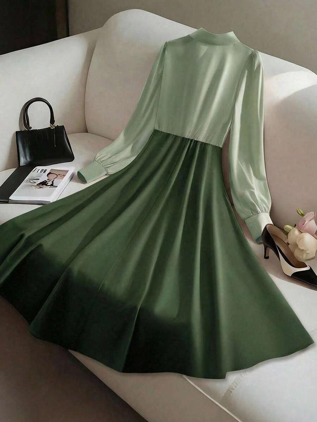 light green color block waist gathered a-line shirt dress