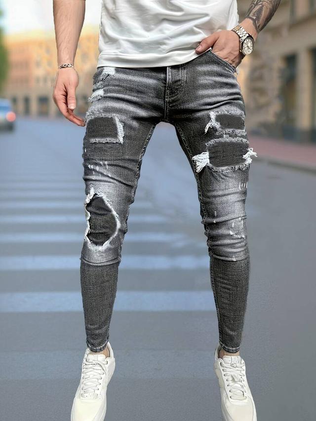 grey fashionable men's slim fit distressed stretch jeans