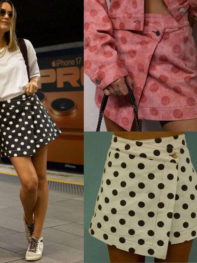 beige polka dot high waist denim mini skirt
