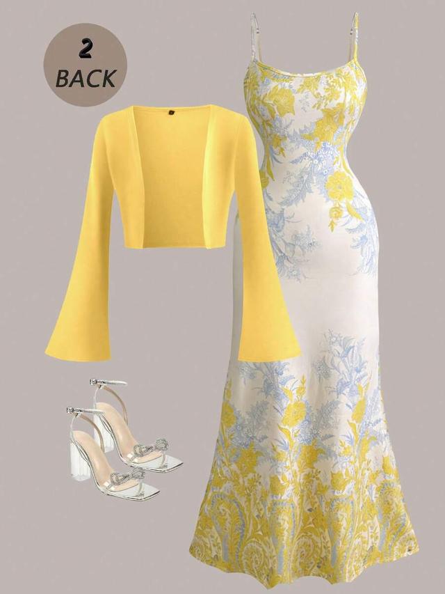 women's floral print fitted dress with yellow knit cardigan