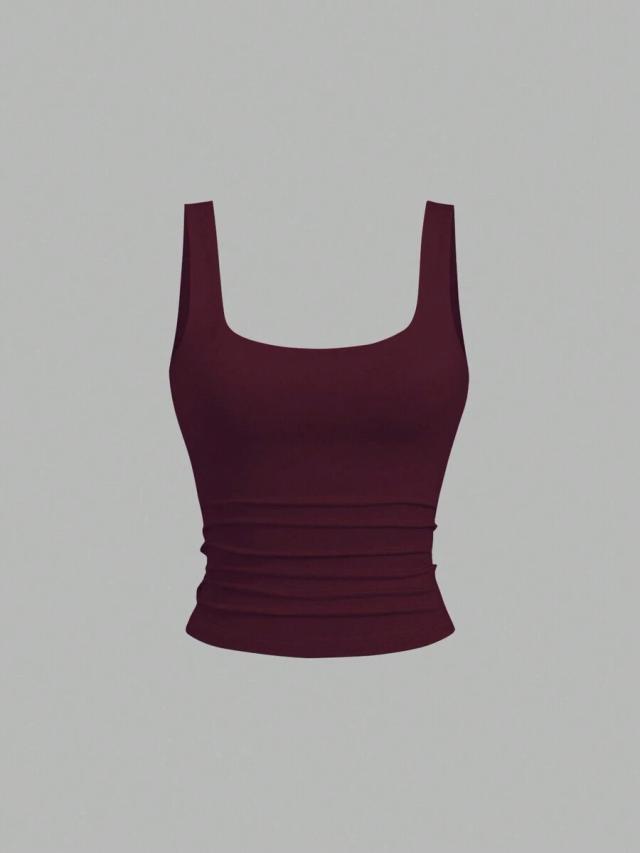 burgundy casual pleated scoop neck tank top