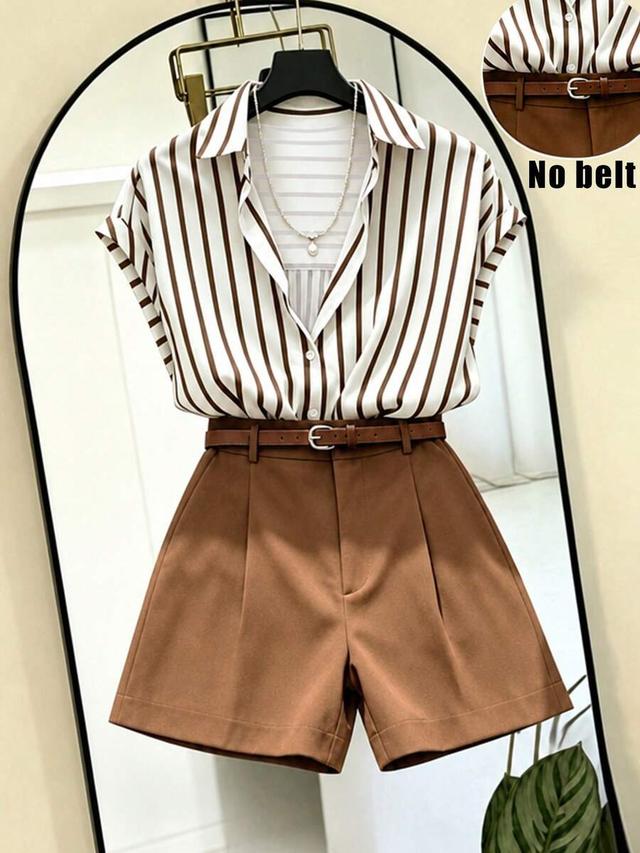 striped short sleeve button-down shirt and brown shorts