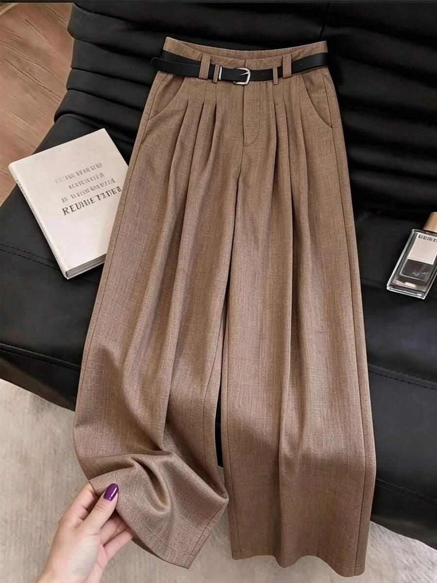 brown high-waisted wide leg trousers with belted waist
