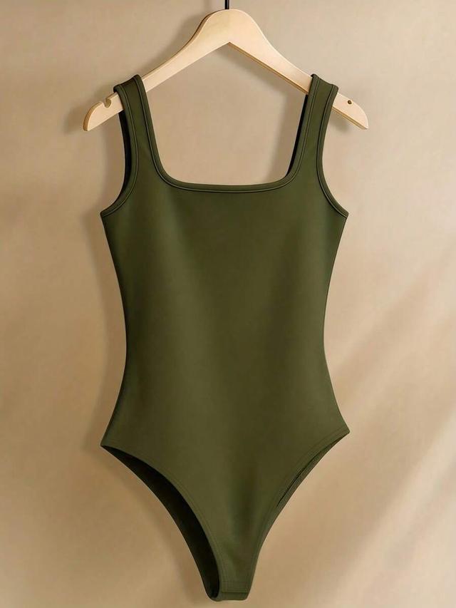 olive green minimalist solid color square neck bodysuit