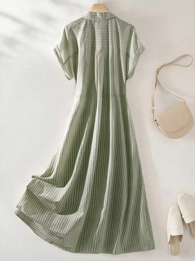 lightweight green striped vintage style short sleeve dress