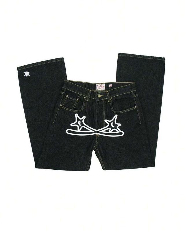 white summer-hop men's dark wash straight-leg printed jeans