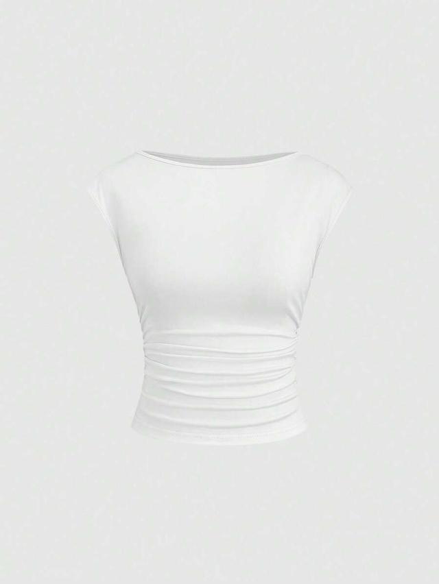 white fitted side-ruched short sleeve boat neck top