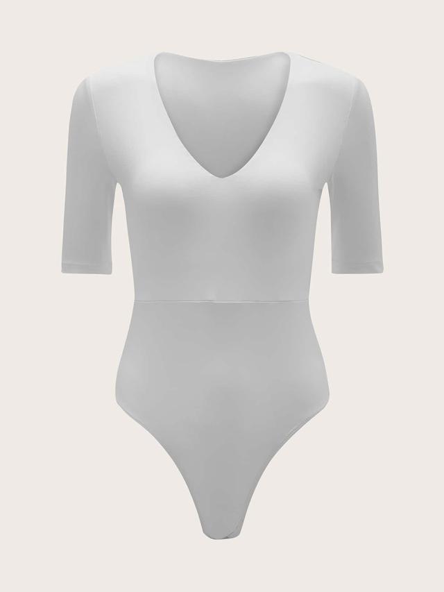 light grey shein basics v-neck fitted solid white bodysuit