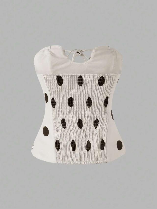 white casual sexy elegant polka dot woven bandeau top