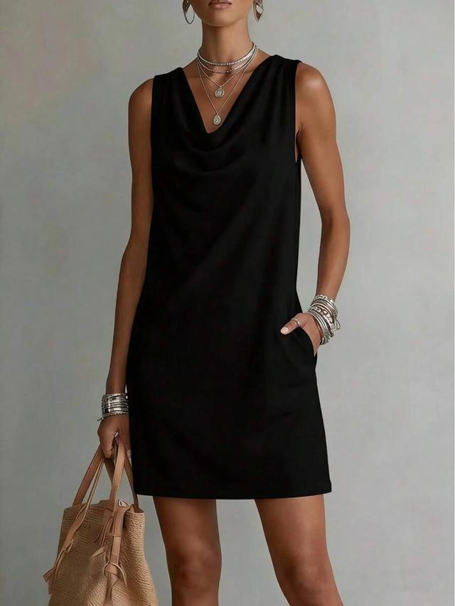 black cowl neck sleeveless shift dress