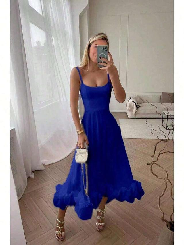 royal blue spaghetti strap midi dress with ruffled hem