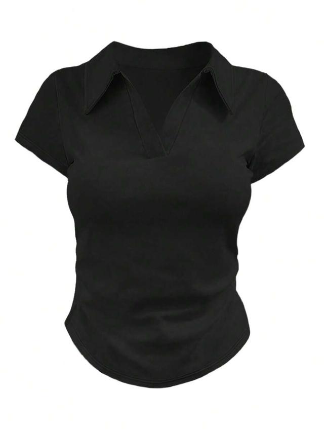 black three casual solid color short sleeve polo t-shirt