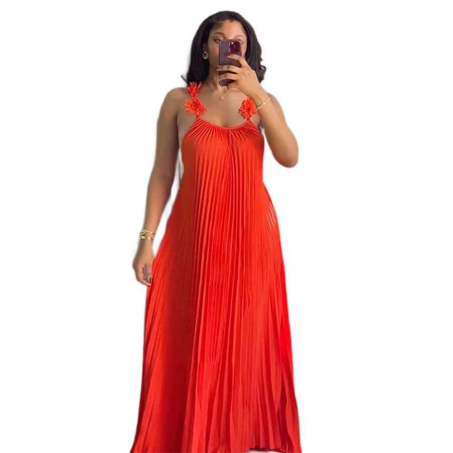 orange pleated maxi dress with floral strap detail