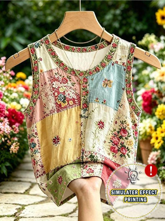 vaclyn patchwork floral print sleeveless round neck tank top