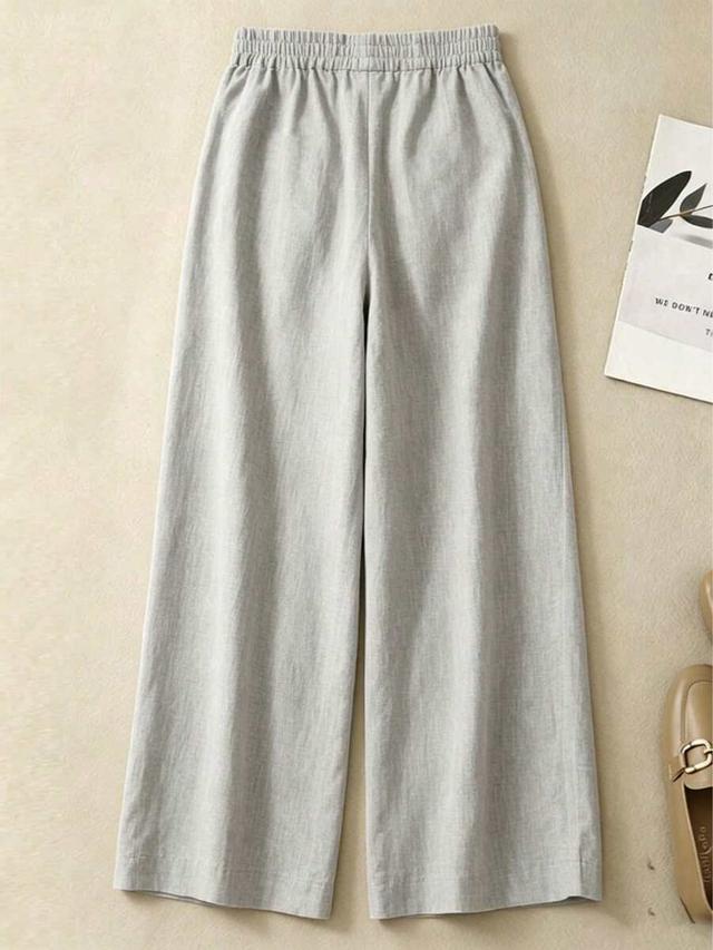 women's elastic waist grey linen wide leg trousers
