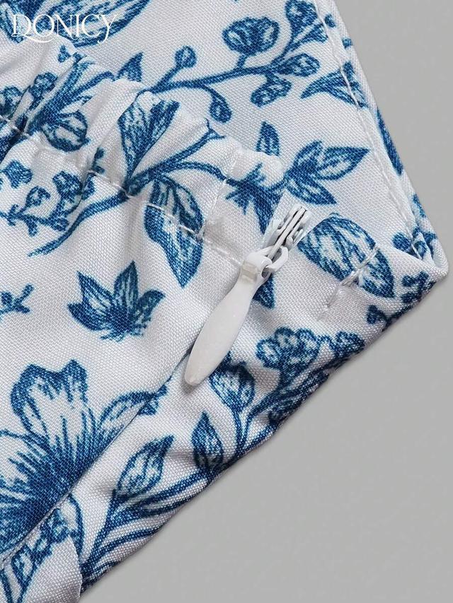 blue and white floral print sleeveless casual dress
