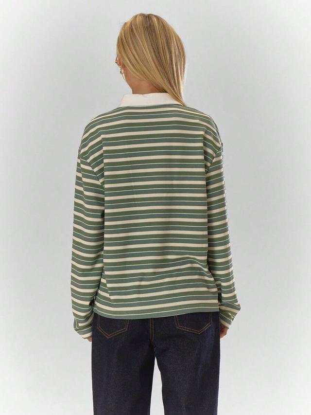 oversized green and cream striped long sleeve polo top