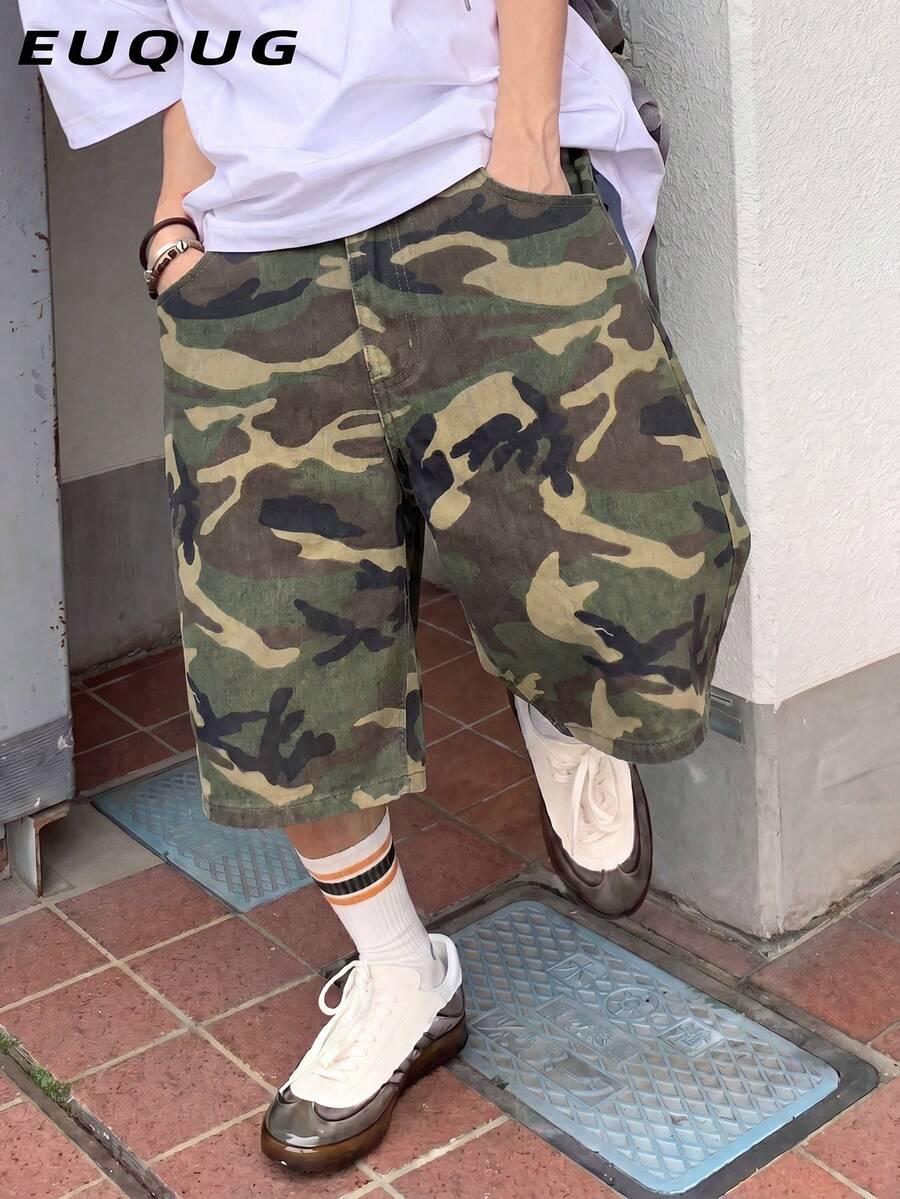 men's casual camouflage print denim shorts